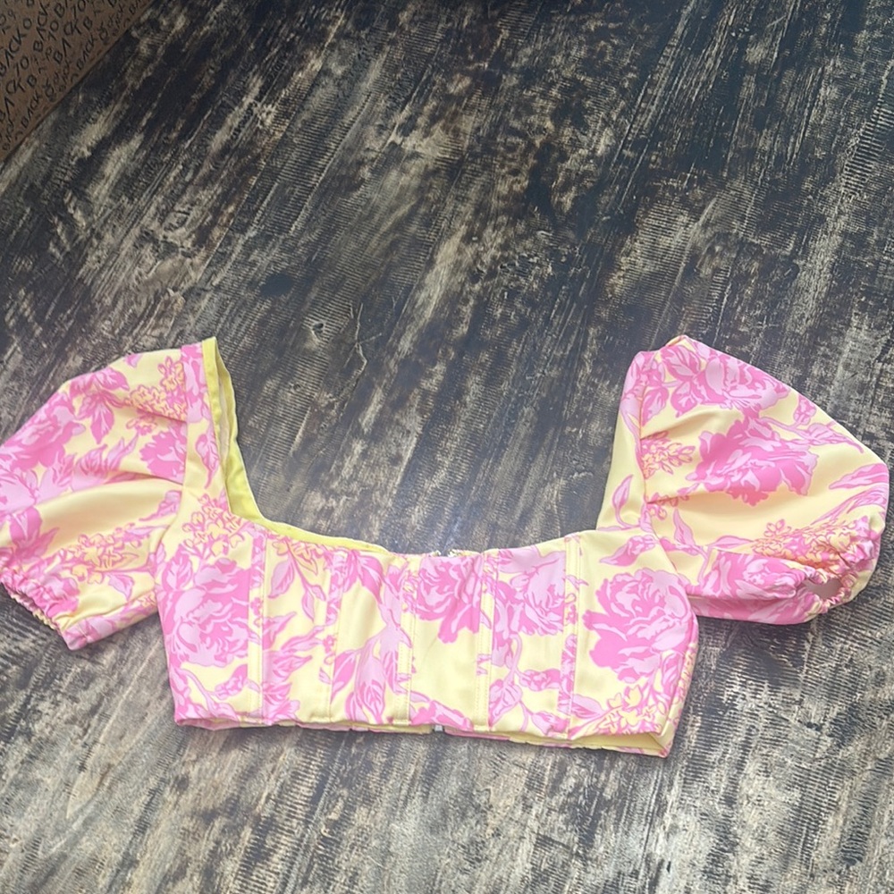 White Fox Boutique Pink and Yellow Floral Crop Top